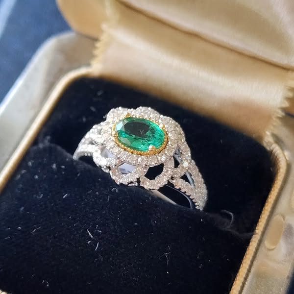Emerald, Diamond, and Platinum Flower Ring