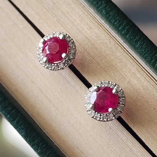 Ruby with Diamond Halo Stud Earrings