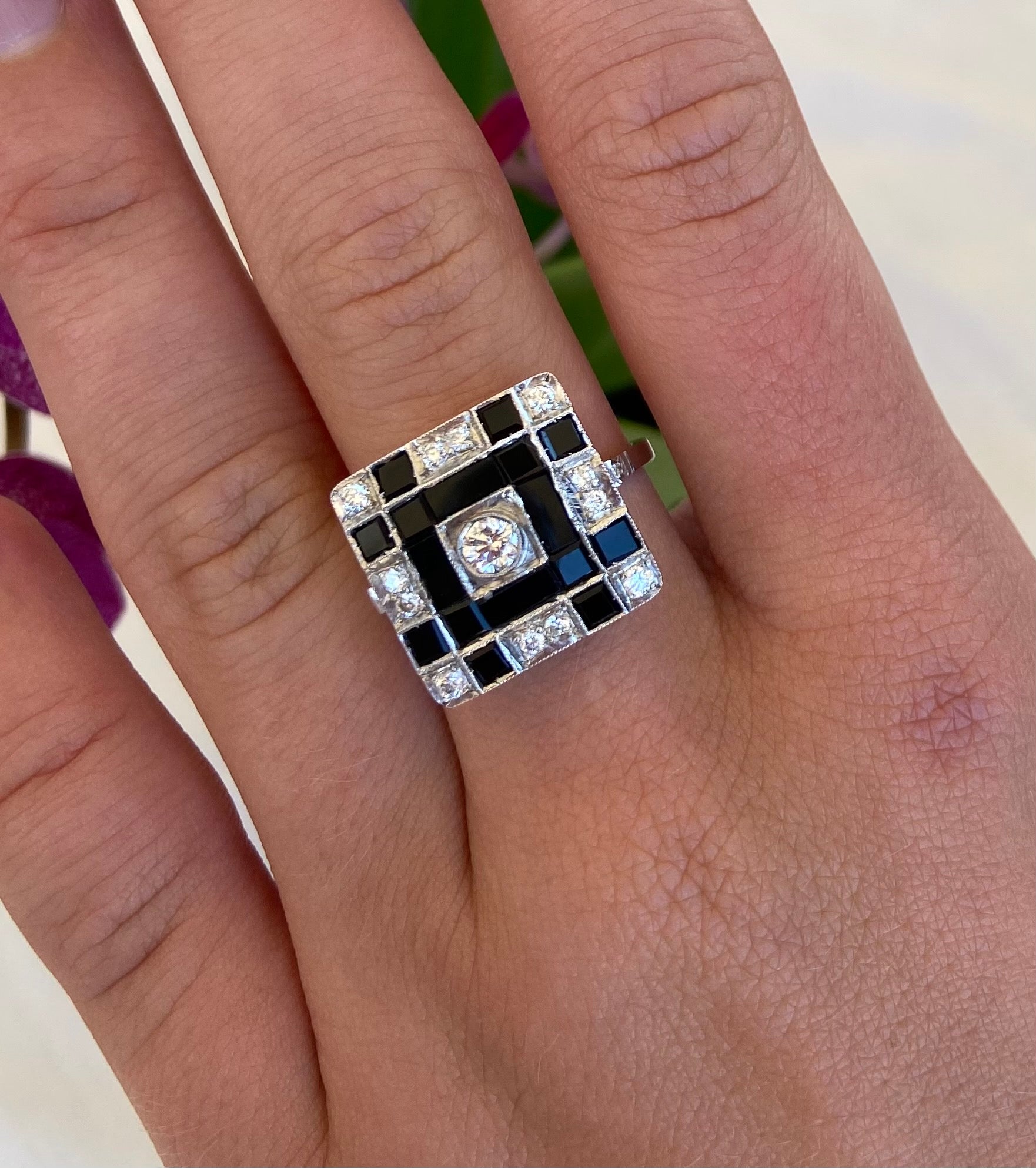 Square shaped Onyx and Diamond Estate ring Butler Diamonds and Fine