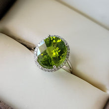 Load image into Gallery viewer, Checkerboard cut Peridot with Diamond Halo Ring

