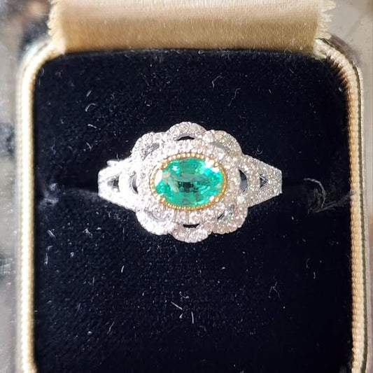 Emerald, Diamond, and Platinum Flower Ring