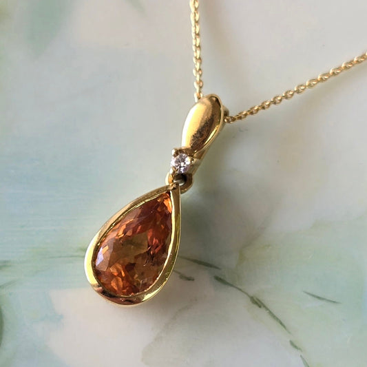 Pear Shaped Imperial Topaz and Diamond Pendant