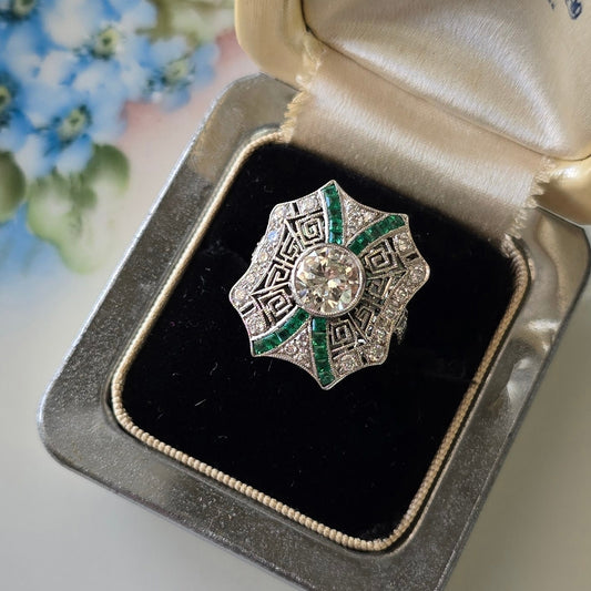Estate Art Deco Diamond and Emerald Ring