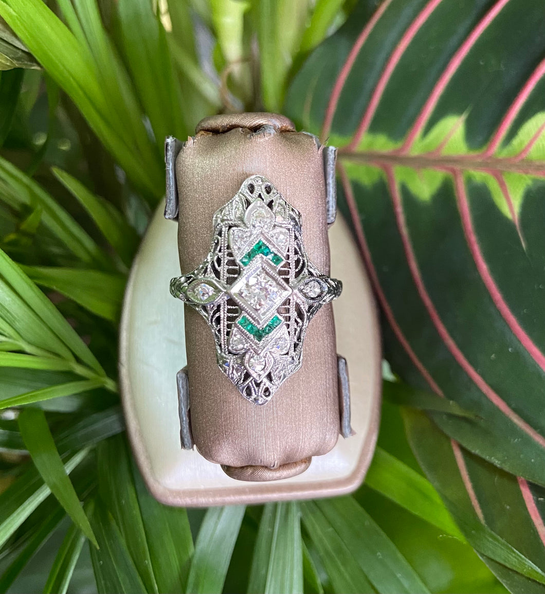 Art Deco Filigree with Diamonds and Emeralds